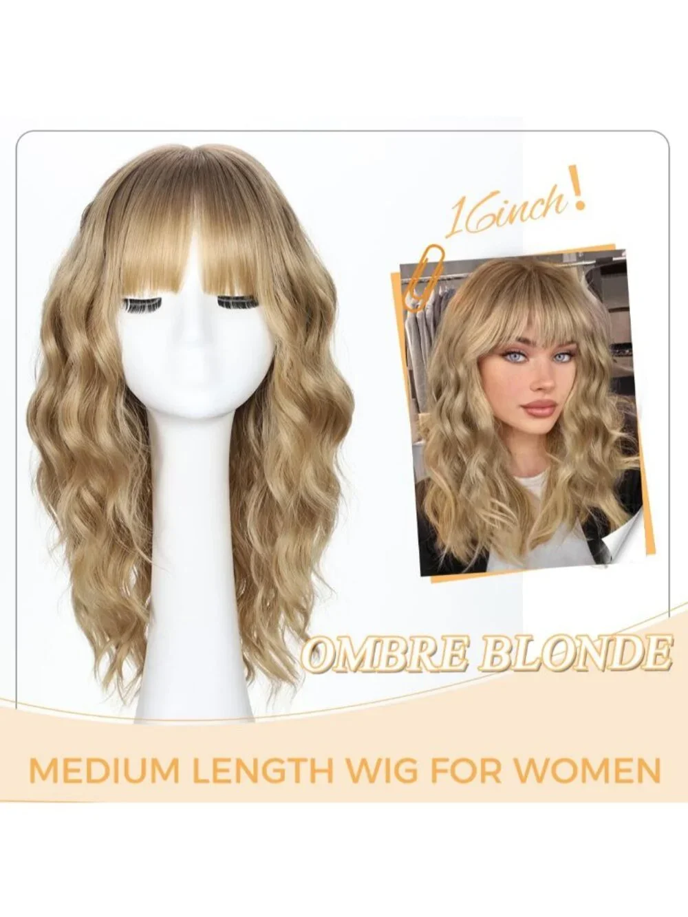 Women's Blonde Ombre 16 Inch Wavy Wig Bangs Shoulder Length Synthetic Hair